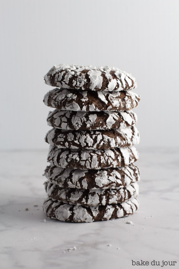 A stack of chocolate crinkle cookies