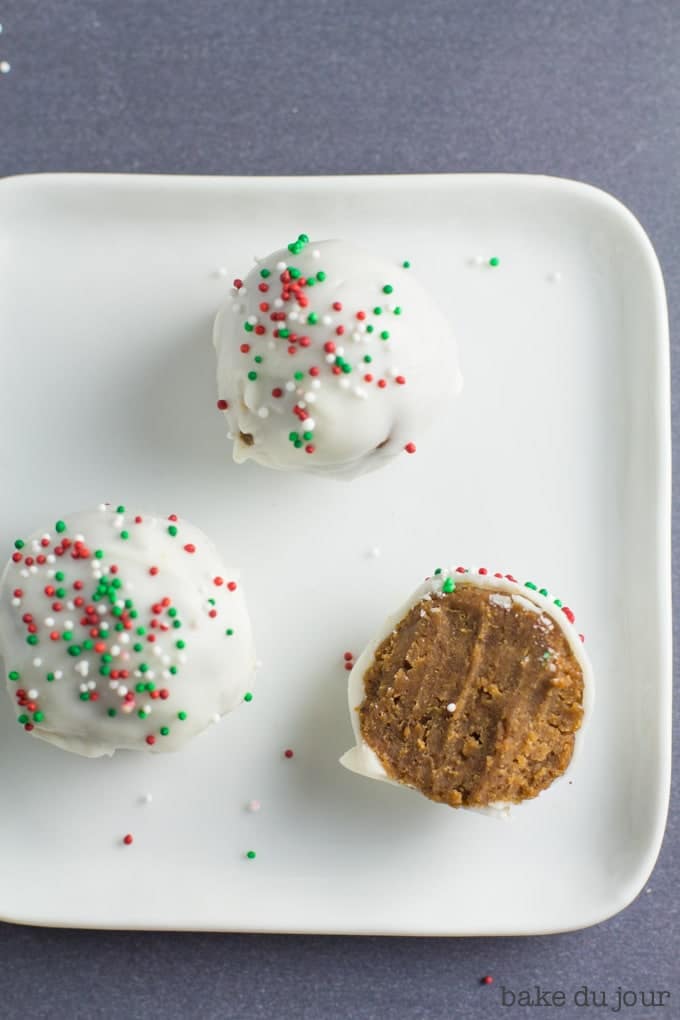 Easy Gingerbread Truffles - close up of 3 truffles on white dish