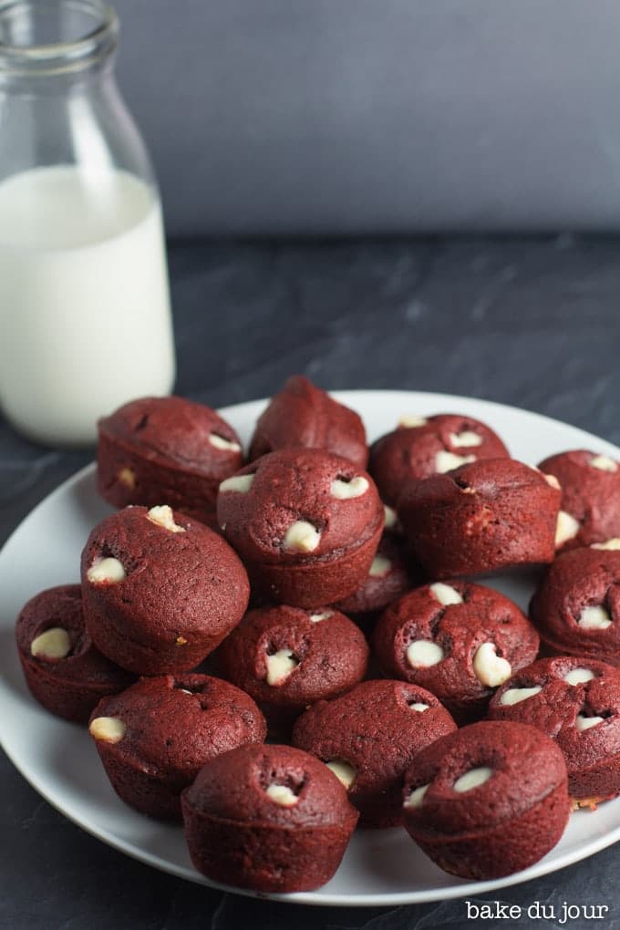 Red Velvet Mini Muffins - piled up on a white plate