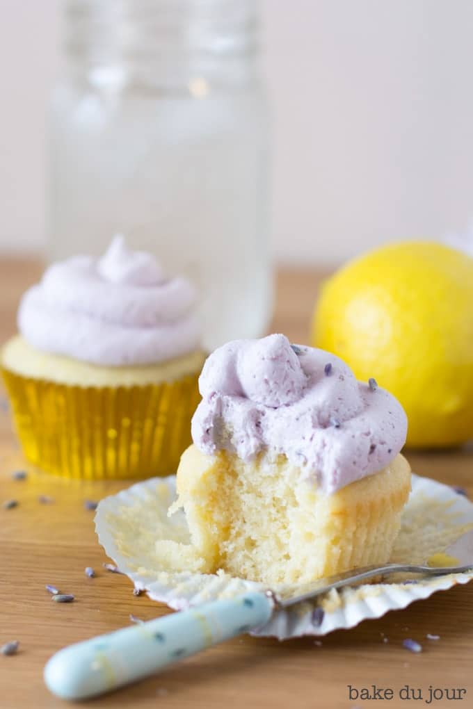 Lemon Lavender Cupcakes with a bite taken out of it