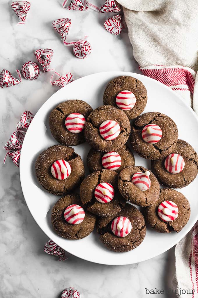 Chocolate Peppermint Blossom Cookies on a white plate