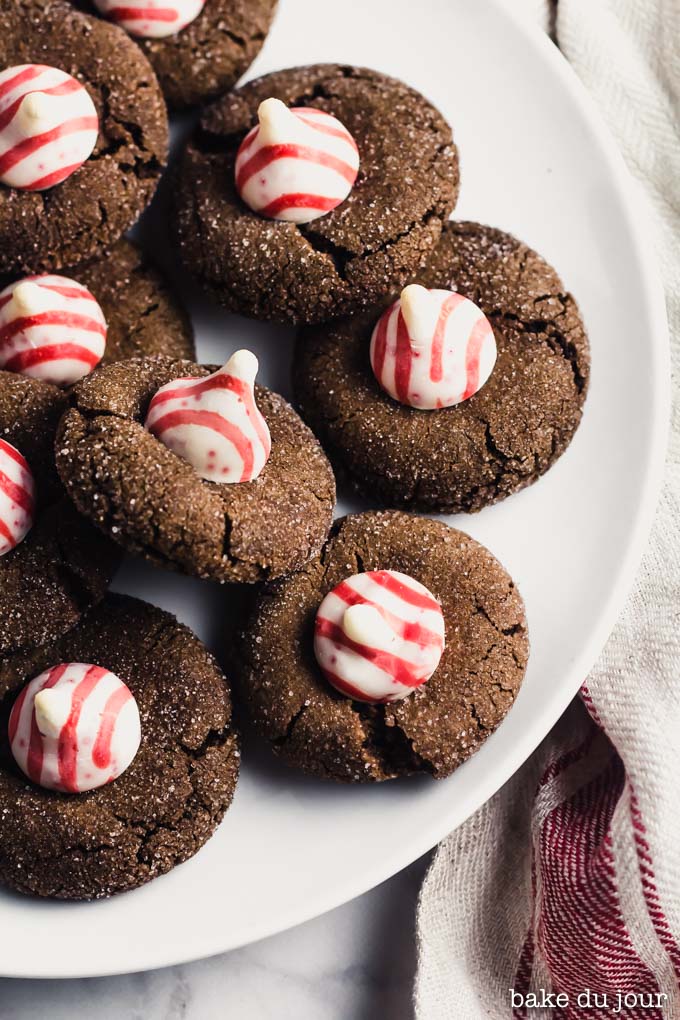 Chocolate Peppermint Blossom Cookies on a white plate